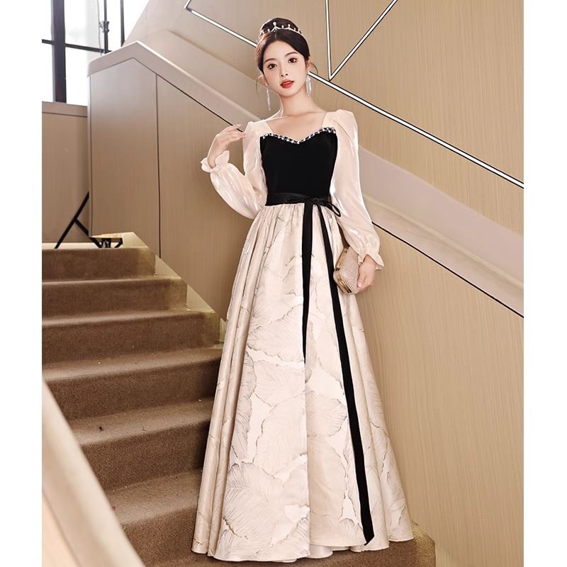 Long-Sleeve Square Neck Two Tone  Evening Gown