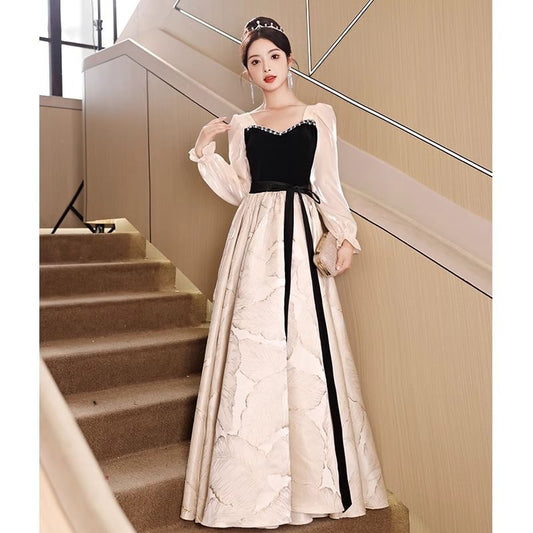 Long-Sleeve Square Neck Two Tone  Evening Gown