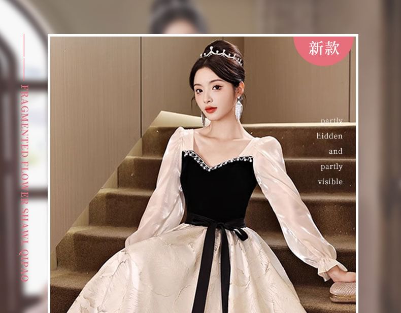 Square Gown Tone Neck Evening Long-Sleeve Two