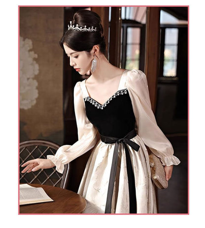 Long-Sleeve Square Neck Two Tone  Evening Gown