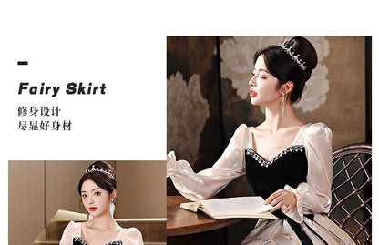 Long-Sleeve Square Neck Two Tone  Evening Gown