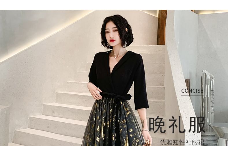 3/4-Sleeve V-Neck Sheer Panel Floral Evening Gown