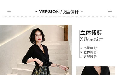 3/4-Sleeve V-Neck Sheer Panel Floral Evening Gown