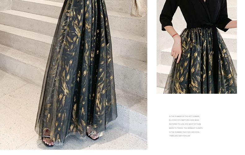 Floral 3/4-Sleeve Sheer Evening Gown Panel V-Neck