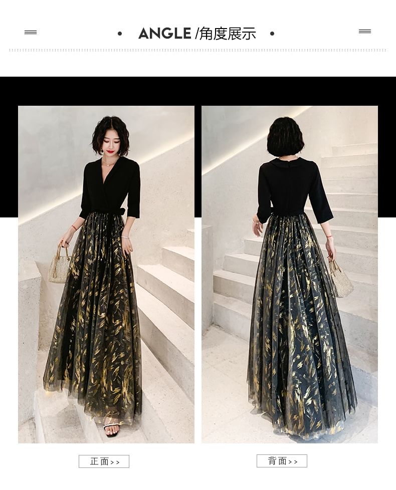 Floral 3/4-Sleeve Sheer Evening Gown Panel V-Neck