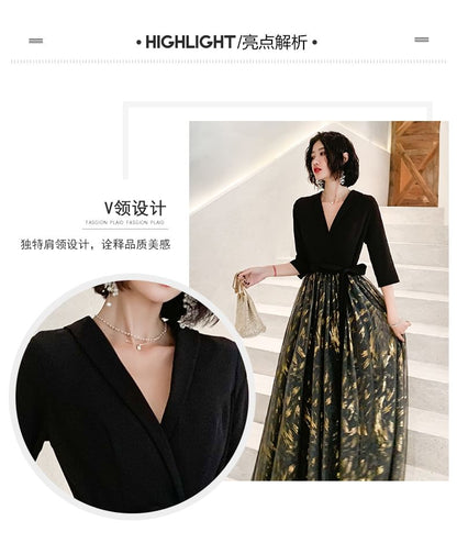3/4-Sleeve V-Neck Sheer Panel Floral Evening Gown