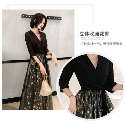 3/4-Sleeve V-Neck Sheer Panel Floral Evening Gown