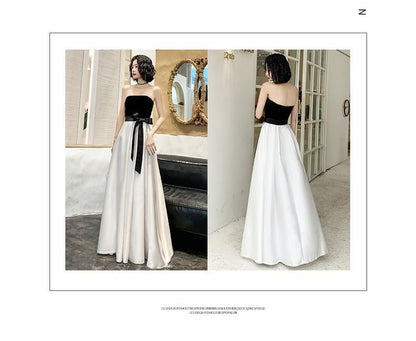 Strapless Two Tone Bow A-Line Evening Gown