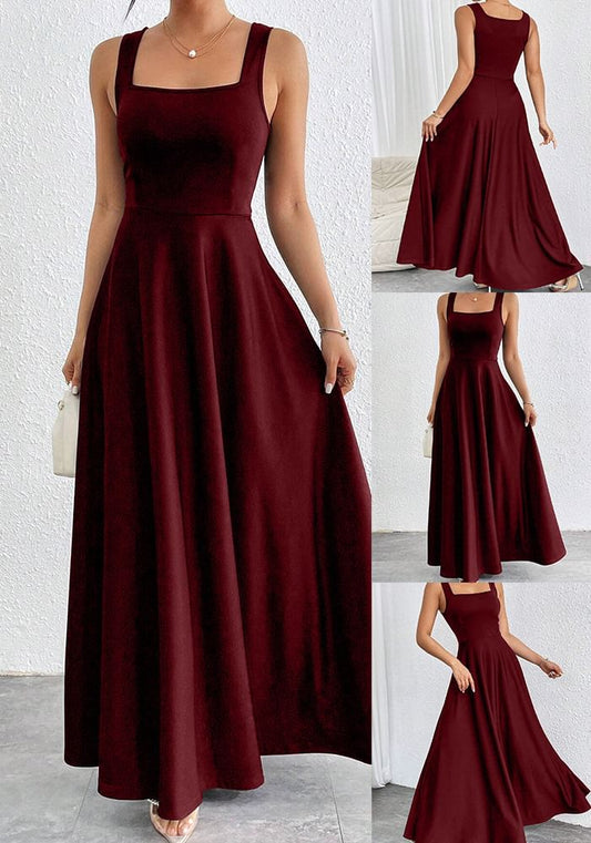 Sleeveless Square Neck Plain Maxi Evening Gown