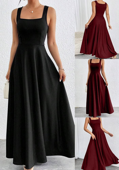 Sleeveless Square Neck Plain Maxi Evening Gown