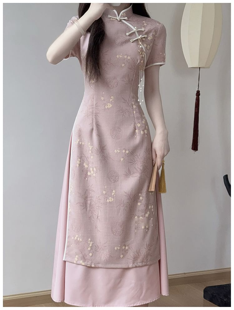 Short Sleeve Mandarin Collar Floral Maxi Qipao