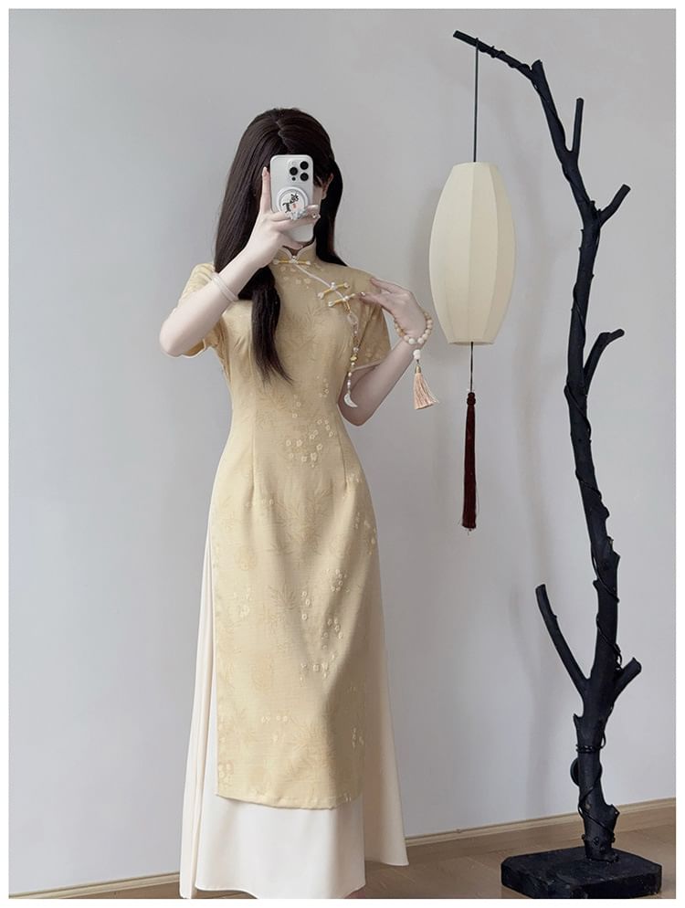 Short Sleeve Mandarin Collar Floral Maxi Qipao
