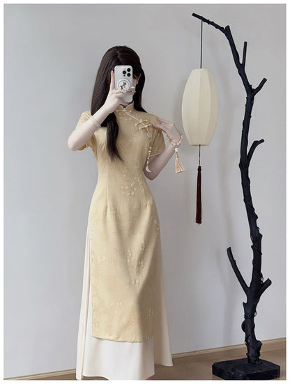 Short Sleeve Mandarin Collar Floral Maxi Qipao