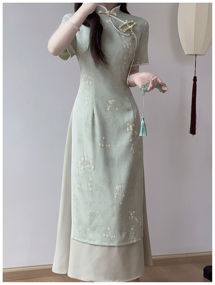 Short Sleeve Mandarin Collar Floral Maxi Qipao
