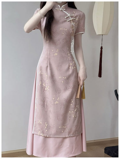 Short Sleeve Mandarin Collar Floral Maxi Qipao
