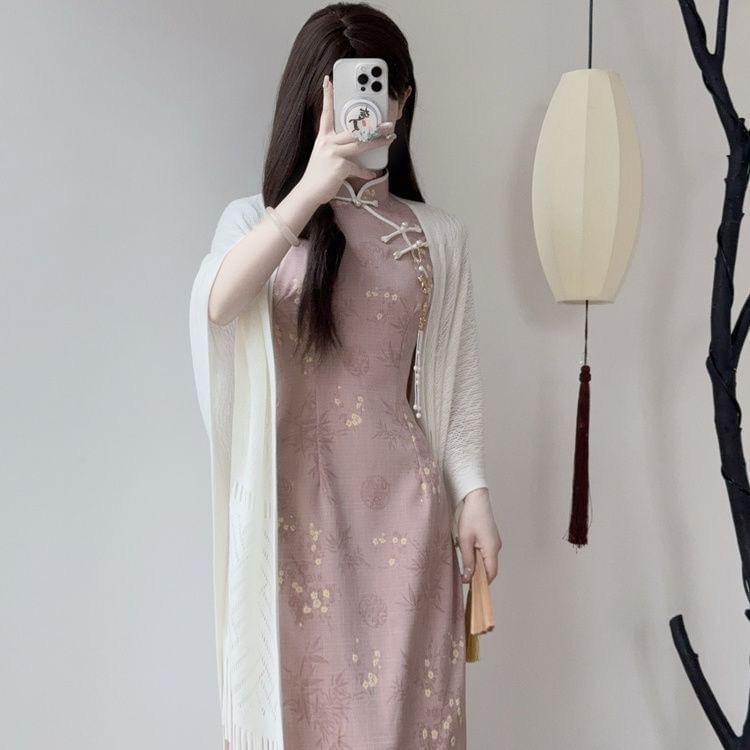 Short Sleeve Mandarin Collar Floral Maxi Qipao