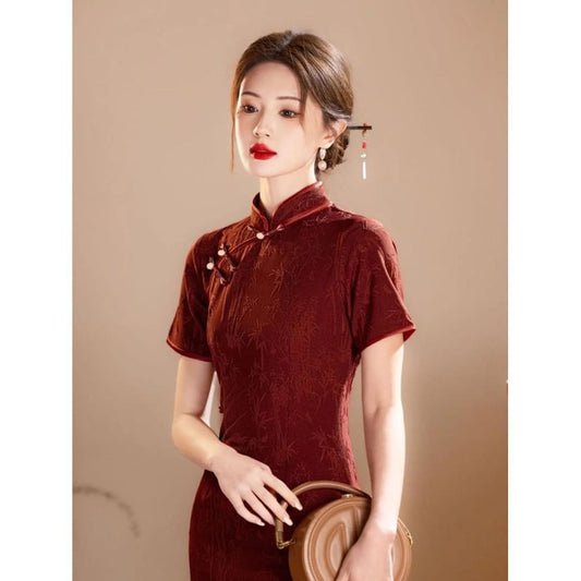 Short Sleeve Mandarin Collar Bamboo Print Maxi Qipao