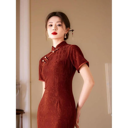 Short Sleeve Mandarin Collar Bamboo Print Maxi Qipao