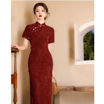 Short Sleeve Mandarin Collar Bamboo Print Maxi Qipao