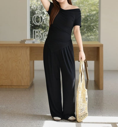 Plus Size Off-Shoulder Sleeveless Asymmetric Tee with High-Rise Wide Leg Pants and Flared Maxi Skirt
