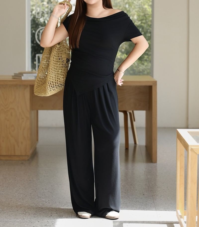 Plus Size Off-Shoulder Sleeveless Asymmetric Tee with High-Rise Wide Leg Pants and Flared Maxi Skirt