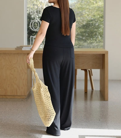 Plus Size Off-Shoulder Sleeveless Asymmetric Tee with High-Rise Wide Leg Pants and Flared Maxi Skirt