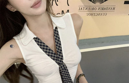 Plaid Panel V-Neck Ruched Fitted Tank with Low-Rise Frilled Mini A-Line Skirt