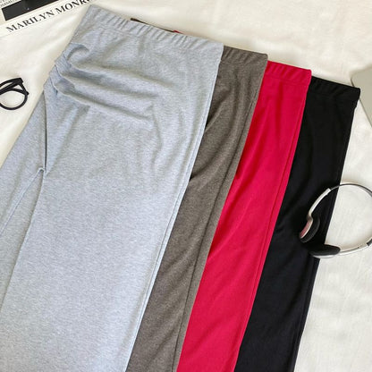 Elastic Waist Smooth Ruched Slit Long Pencil Skirt