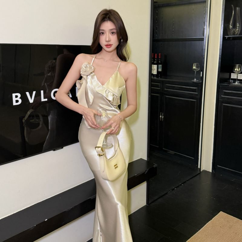 Trim Strap Frill Evening Mermaid Gown V-Neck Spaghetti