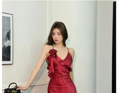 Spaghetti Strap V-Neck Frill Trim Mermaid Evening Gown