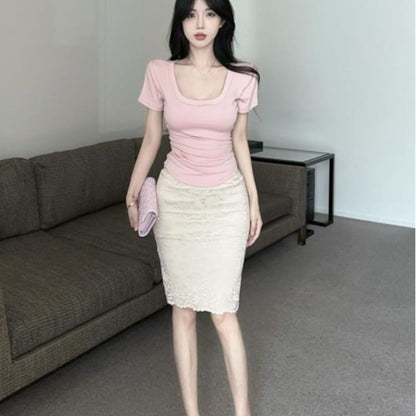 Short-Sleeve Square Neck Crop Top with High-Rise Pencil Skirt