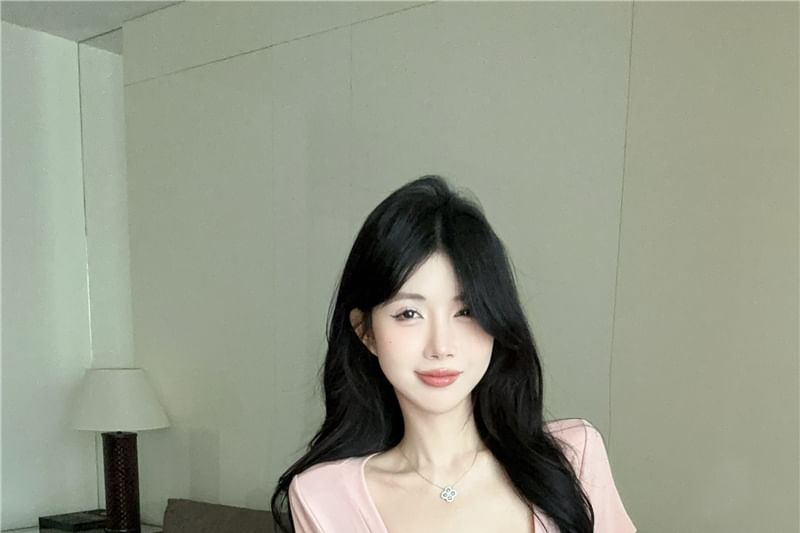 Short-Sleeve Square Neck Crop Top with High-Rise Pencil Skirt