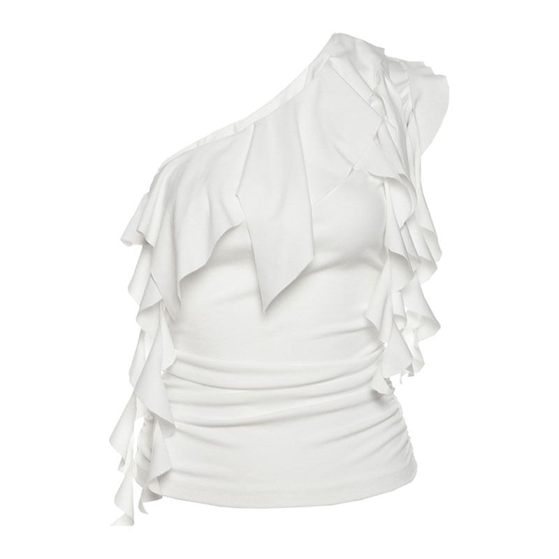 One-Shoulder Ruffled Tank Top with Sheer High Waist Maxi Skirt