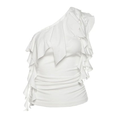 One-Shoulder Ruffled Tank Top with Sheer High Waist Maxi Skirt