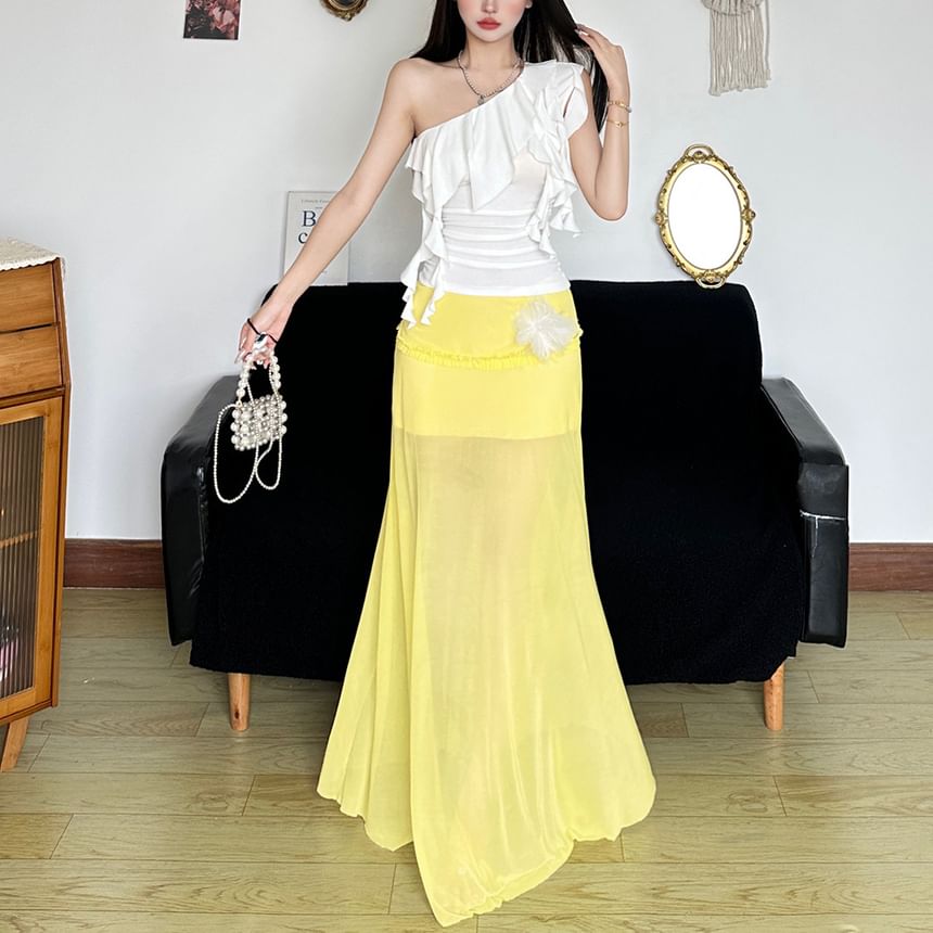 One-Shoulder Ruffled Tank Top with Sheer High Waist Maxi Skirt