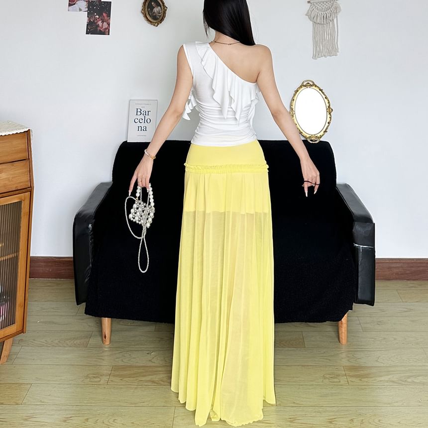 One-Shoulder Ruffled Tank Top with Sheer High Waist Maxi Skirt