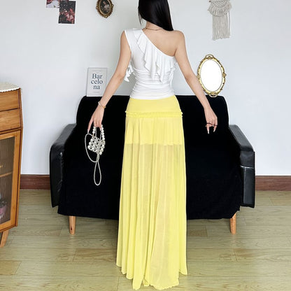 One-Shoulder Ruffled Tank Top with Sheer High Waist Maxi Skirt