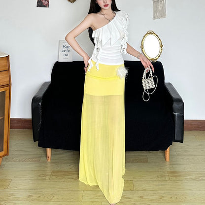 One-Shoulder Ruffled Tank Top with Sheer High Waist Maxi Skirt