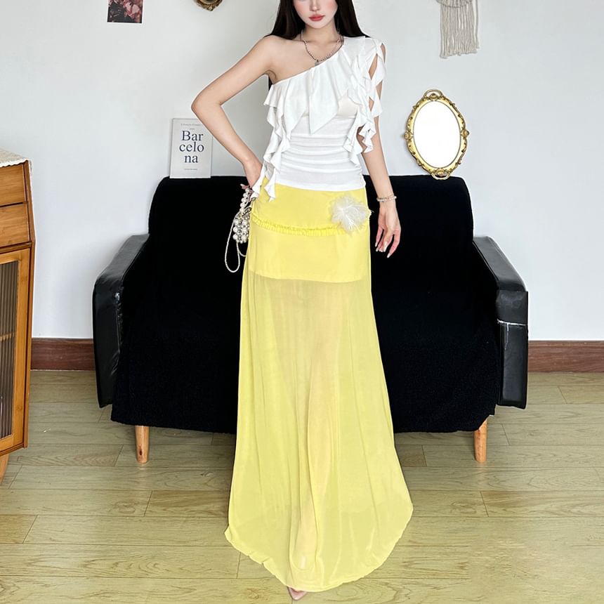 One-Shoulder Ruffled Tank Top with Sheer High Waist Maxi Skirt
