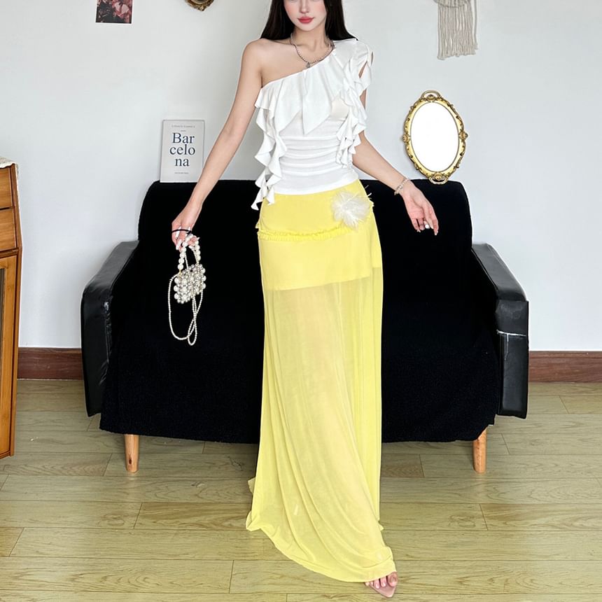 One-Shoulder Ruffled Tank Top with Sheer High Waist Maxi Skirt