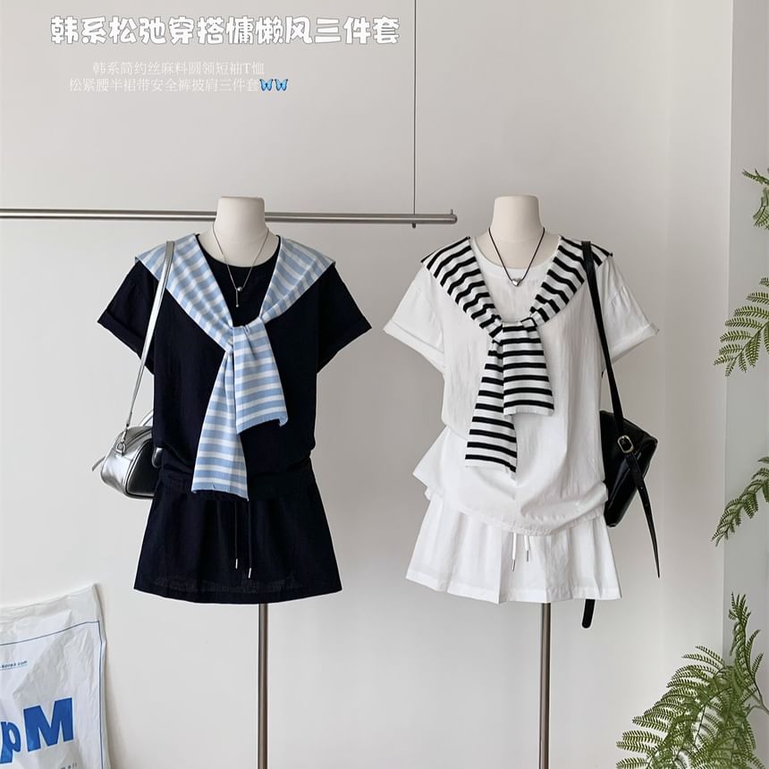 Crew Neck Tee with Striped Scarf and Pleated Mini Skirt Set