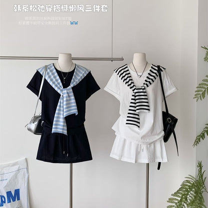 Crew Neck Tee with Striped Scarf and Pleated Mini Skirt Set