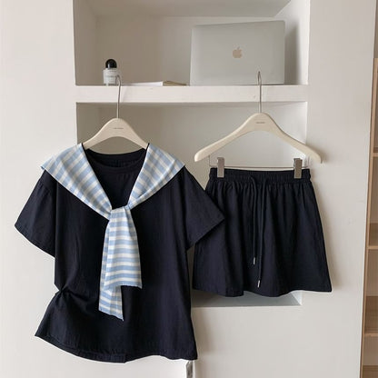 Crew Neck Tee with Striped Scarf and Pleated Mini Skirt Set