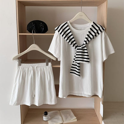 Crew Neck Tee with Striped Scarf and Pleated Mini Skirt Set