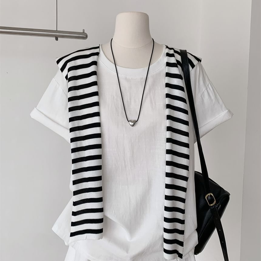 Crew Neck Tee with Striped Scarf and Pleated Mini Skirt Set