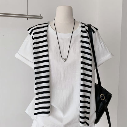 Crew Neck Tee with Striped Scarf and Pleated Mini Skirt Set