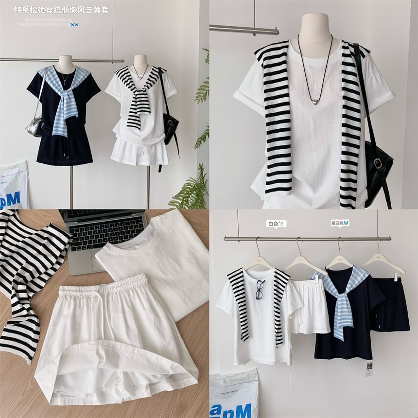 Crew Neck Tee with Striped Scarf and Pleated Mini Skirt Set