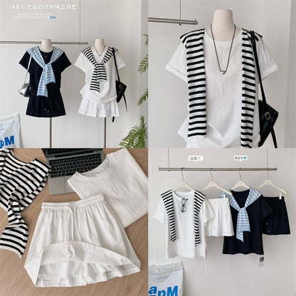 Crew Neck Tee with Striped Scarf and Pleated Mini Skirt Set