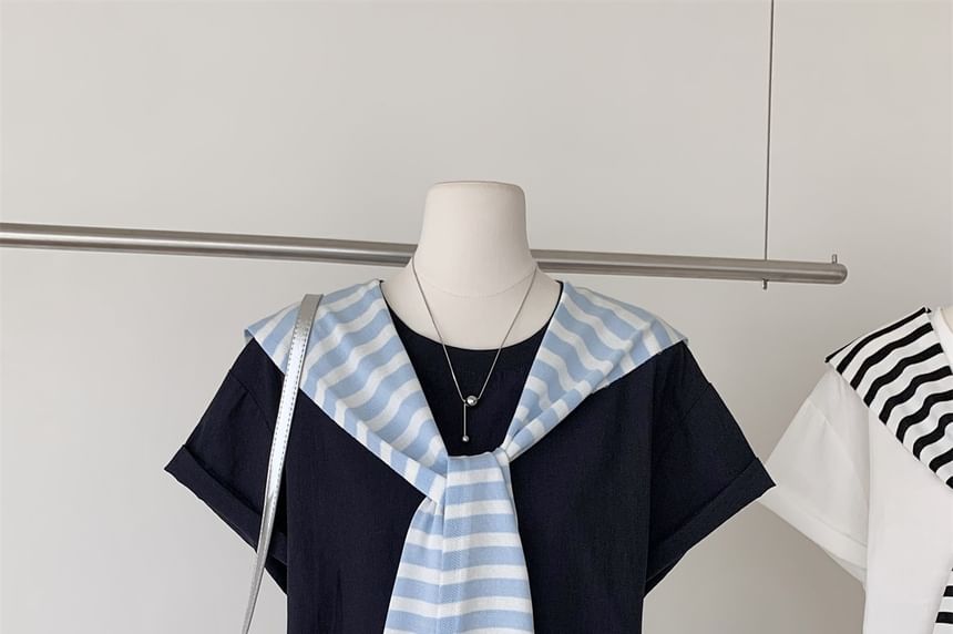 Crew Neck Tee with Striped Scarf and Pleated Mini Skirt Set