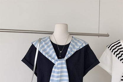Crew Neck Tee with Striped Scarf and Pleated Mini Skirt Set